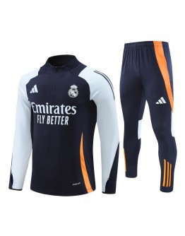 Real Madrid Tracksuits Long Sleeve Soccer Training Uniforms Dark Blue-White