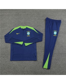 Brazil Tracksuits Long Sleeve Soccer Training Uniforms Dark Blue